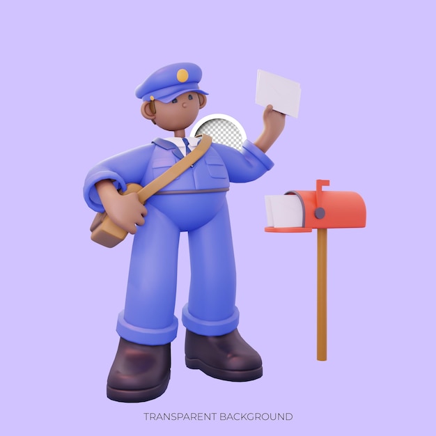 Male postal worker taking a letter from the post box pose from the right