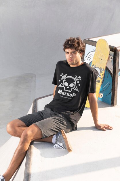 Skateboarder maschio con t-shirt mock-up