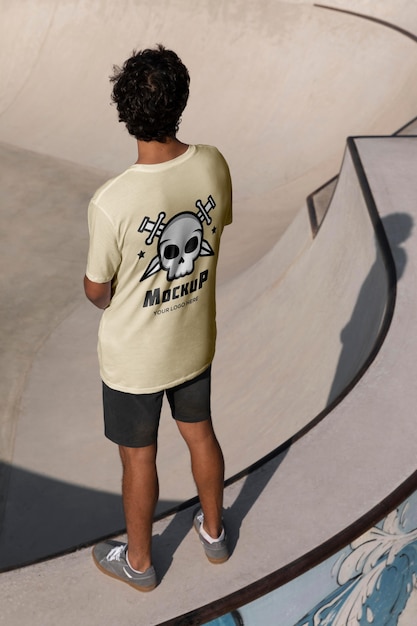 Skateboarder maschio con t-shirt mock-up