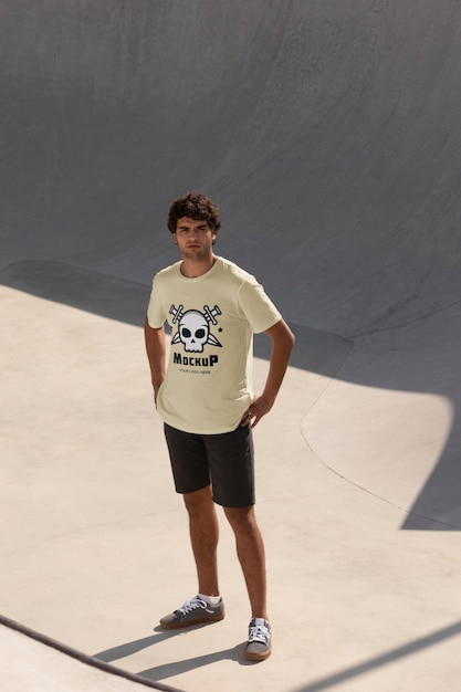 PSD モックアップtシャツと男性のスケートボーダー