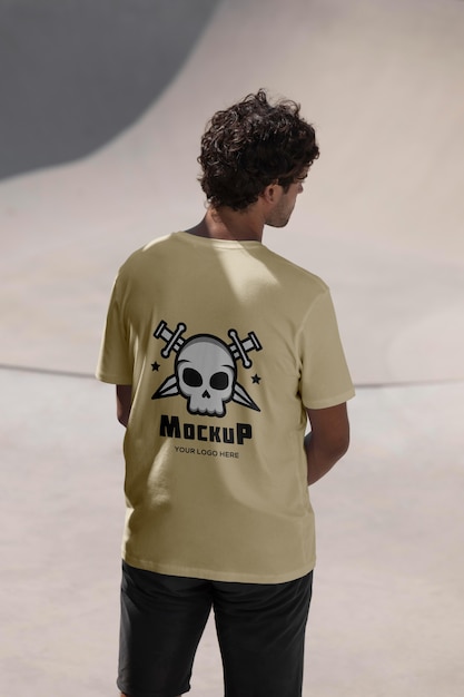 PSD Мужской скейтбордист с футболкой-макетом