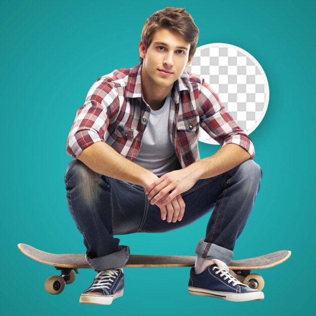 PSD male smiling skateboarder showing thumbup sign against white wall