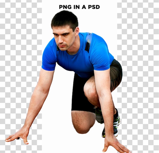 male sprinter in starting position with a focus on action and movement isolated on transparent back