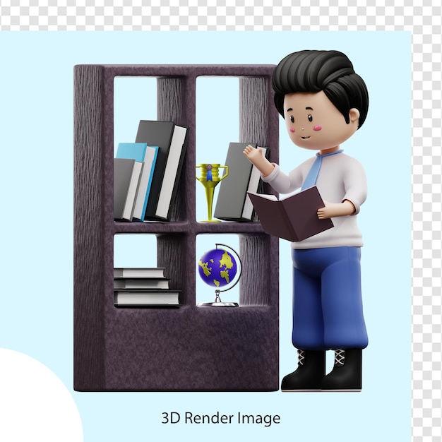 Studente maschio che legge un libro rendering 3d