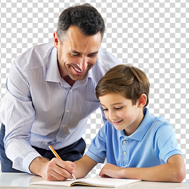 PSD a male teacher and boy writing together in a book teachers day isolated on transparent background