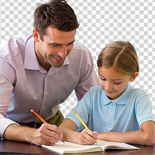 PSD a male teacher and boy writing together in a book teachers day isolated on transparent background