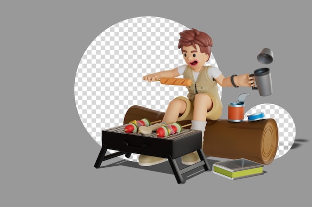 PSD male tourist grilling barbecue eating in the forest 3d render illustration