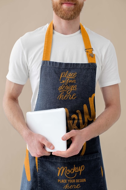 Male waiter wearing apron design mock-up