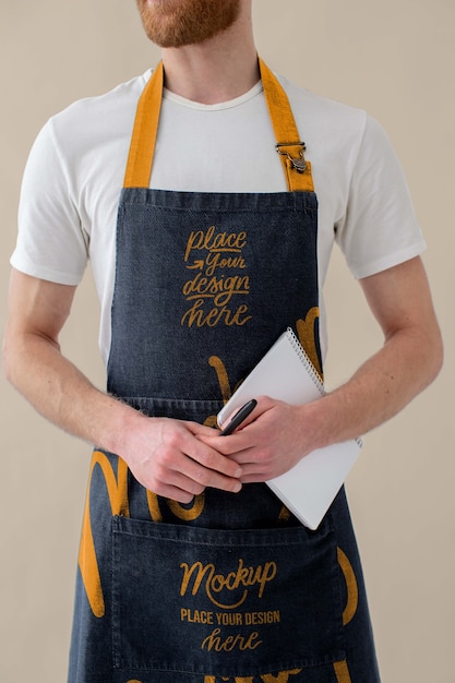 PSD male waiter wearing apron design mock-up