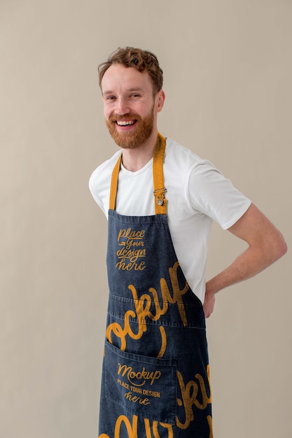 Male waiter wearing apron design mock-up