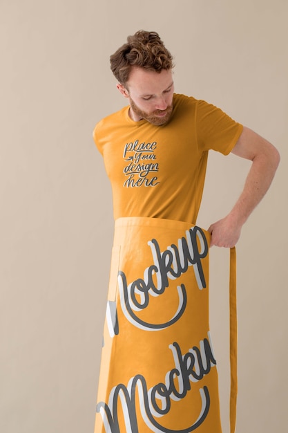 Male waiter wearing apron design mock-up