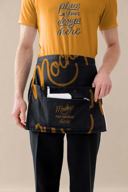 Male waiter wearing apron design mock-up