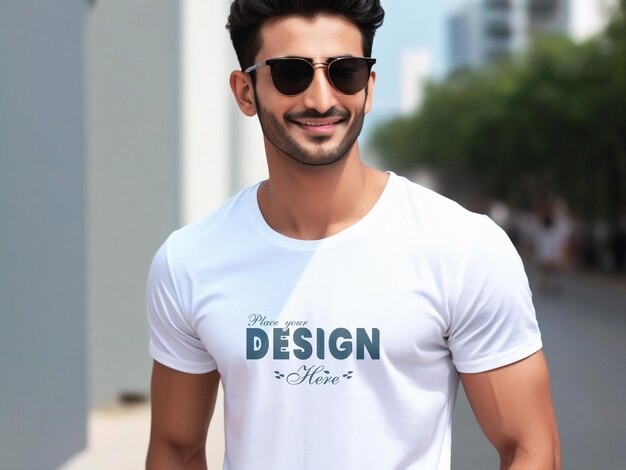 A male wearing a white tshirt mockup with a standing there is luxury city background