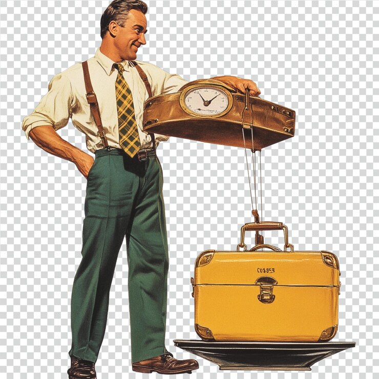 PSD male weighing luggage with a scale ideal for travel planning and packing