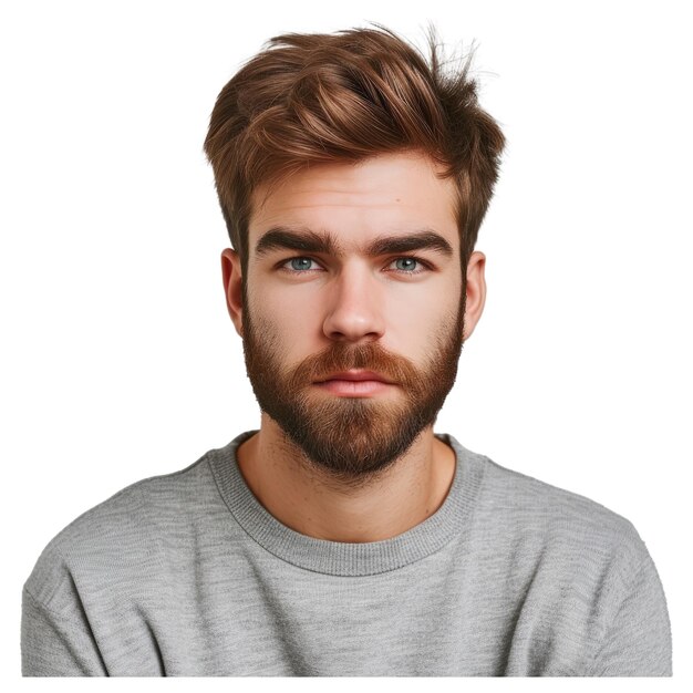 Male with beard has serious expression as listens