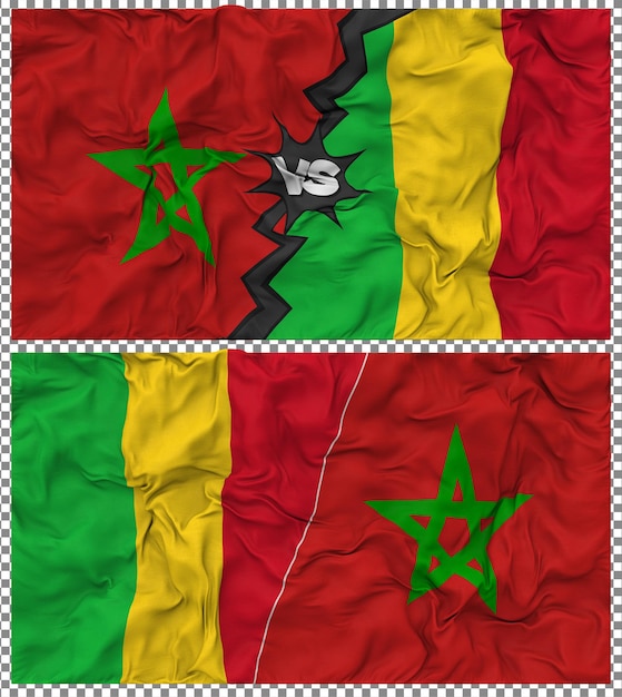 Mali versus Marokko Halve gecombineerde vlag Stof Bump Textuur 3D Rendering