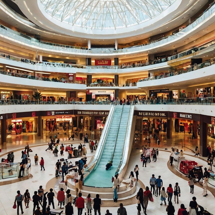 PSD a mall with a large escalator and a sign that says escalator