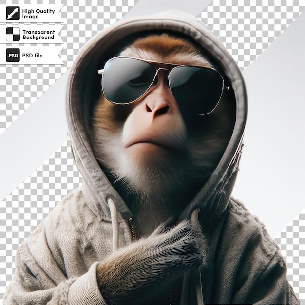 PSD małpa psd z kapturem i okularami przeciwsłonecznymi na przezroczystym tle z edytowalną warstwą maski