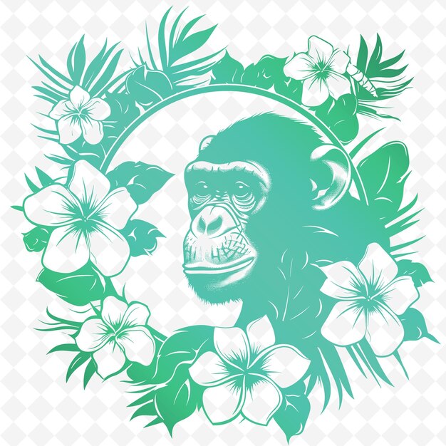 PSD małpa z koroną na głowie otoczona tropikalnymi kwiatami