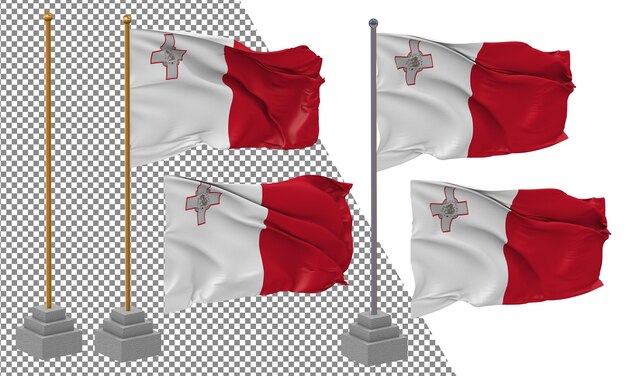 PSD malta flag waving different style with stand pole isolated 3d rendering