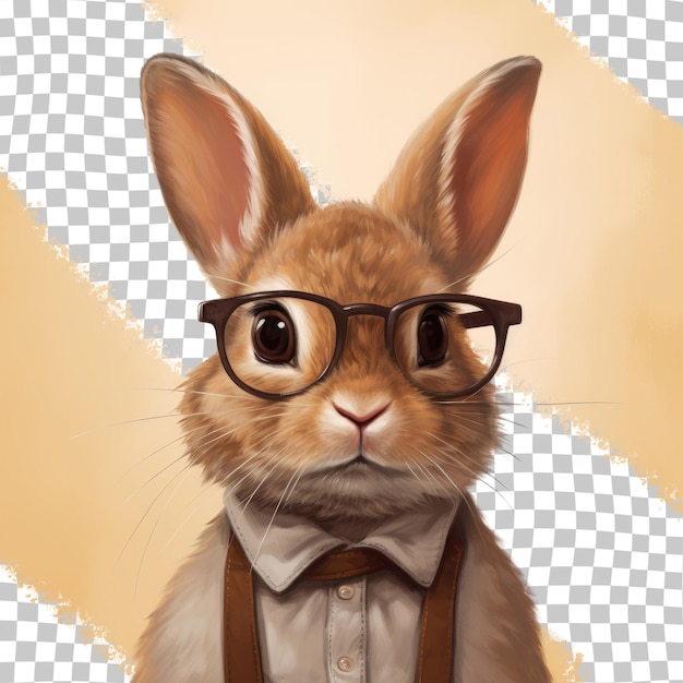 PSD mały brązowy królik nosi przezroczyste okulary na przezroczystym tle