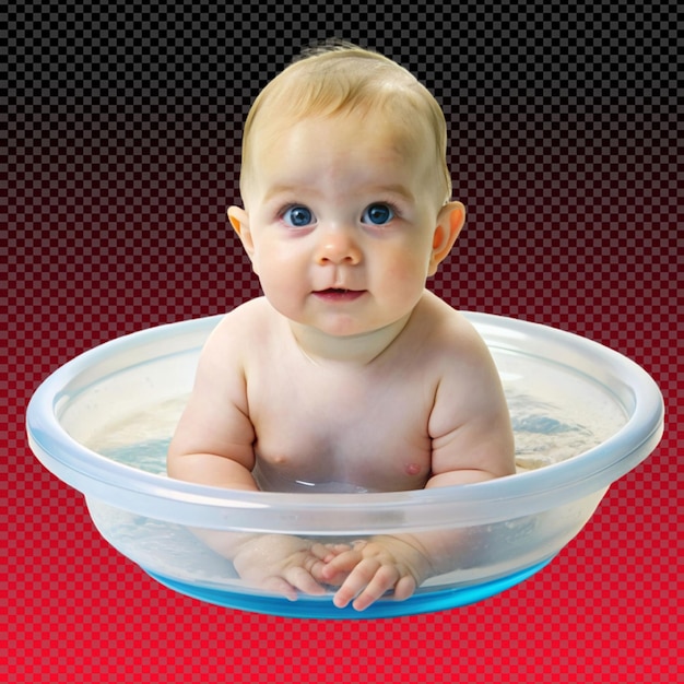 PSD mały chłopiec w wieku 8 miesięcy kąpa się w wannie z pianką i bąbelkami mydła na przezroczystym tle