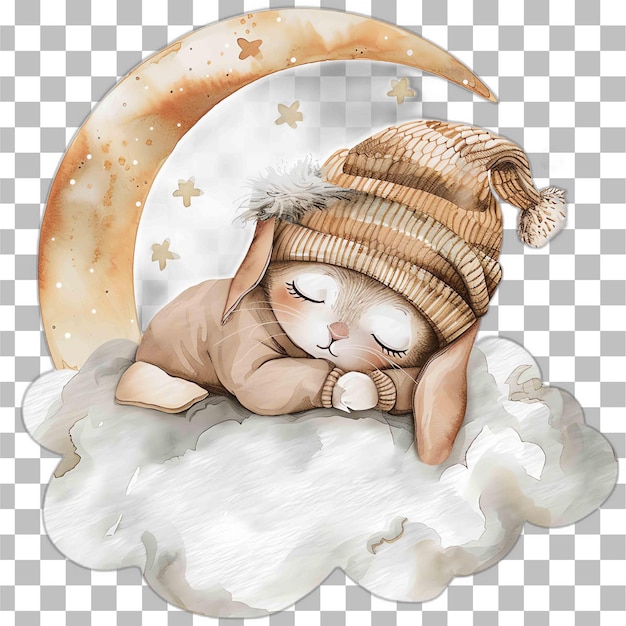 PSD mały królik w czapce śpiący w chmurze półksiężyc akwarelowy przedszkole