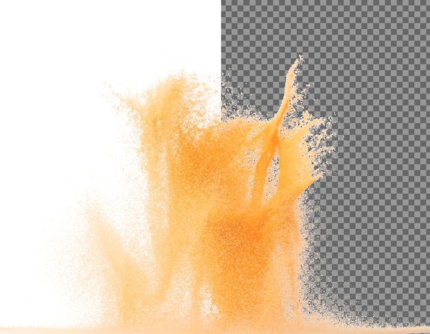 PSD mały rozmiar pomarańczowy piasek latający wybuch piasek owocowy fala ziarna wybucha abstrakcyjna chmura lata pomarańczowa kolorowa piasek rzucający się w powietrze białe tło izolowane szybkie migawki rzucające zamarznięcie