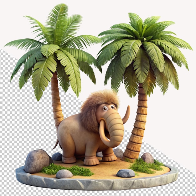 PSD mammoth under a palm tree on transparent background