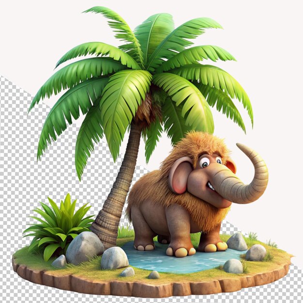 PSD mammoth under a palm tree on transparent background