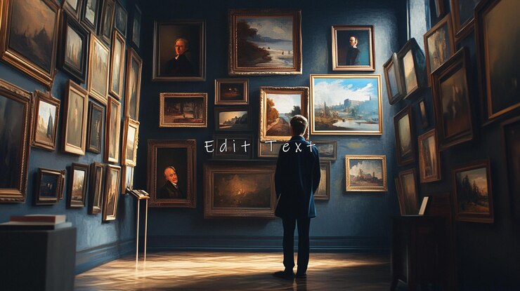 PSD man admiring paintings in art gallery