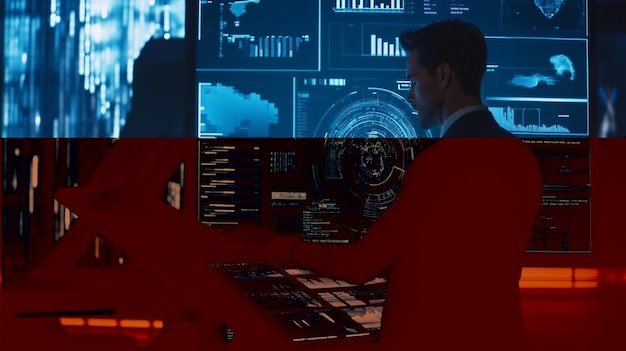 man analyzing data on multiple screens