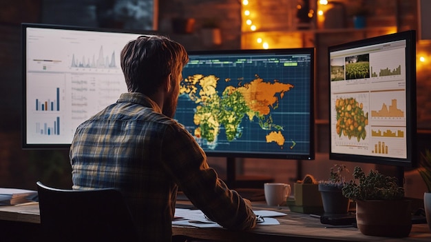 man analyzing global data on multiple monitors in a dimly lit office