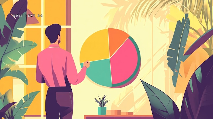 PSD man analyzing a pie chart in a tropical office