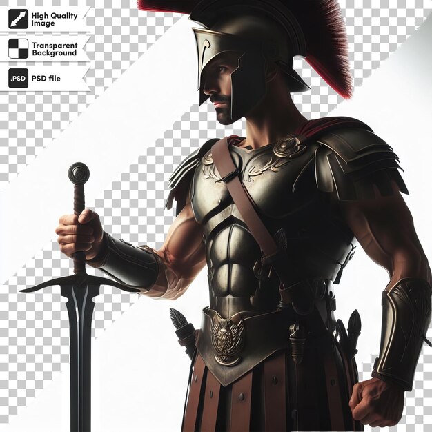 PSD a man in a armor with a sword and shield on it