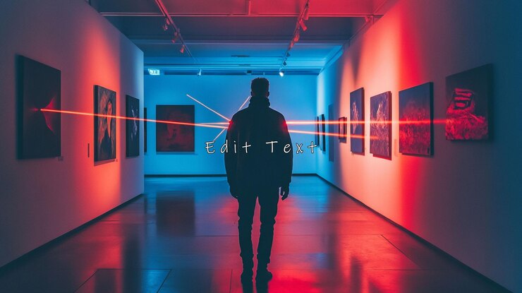 PSD man in art gallery with red and blue light beams