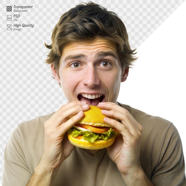 PSD man bites into a burger with a delighted expression