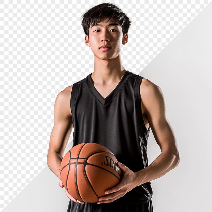 PSD 黒いジャージを着た男がバスケットボールを握っている