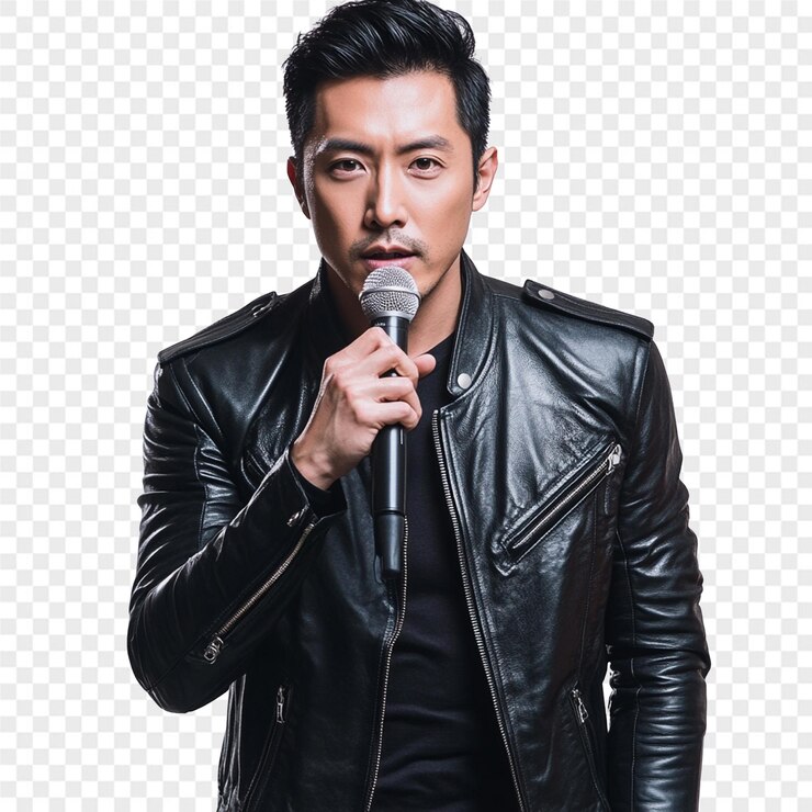 PSD 黒い革のジャケットを着た男がマイクに歌っている