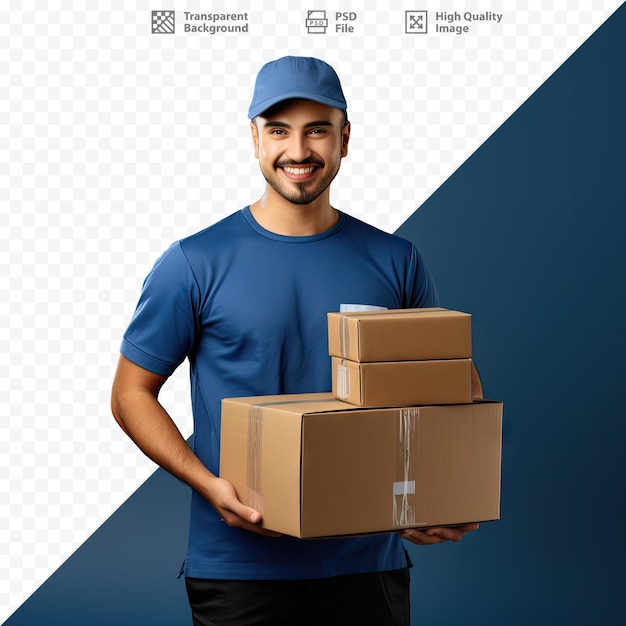 A man in a blue hat is holding boxes with the words 