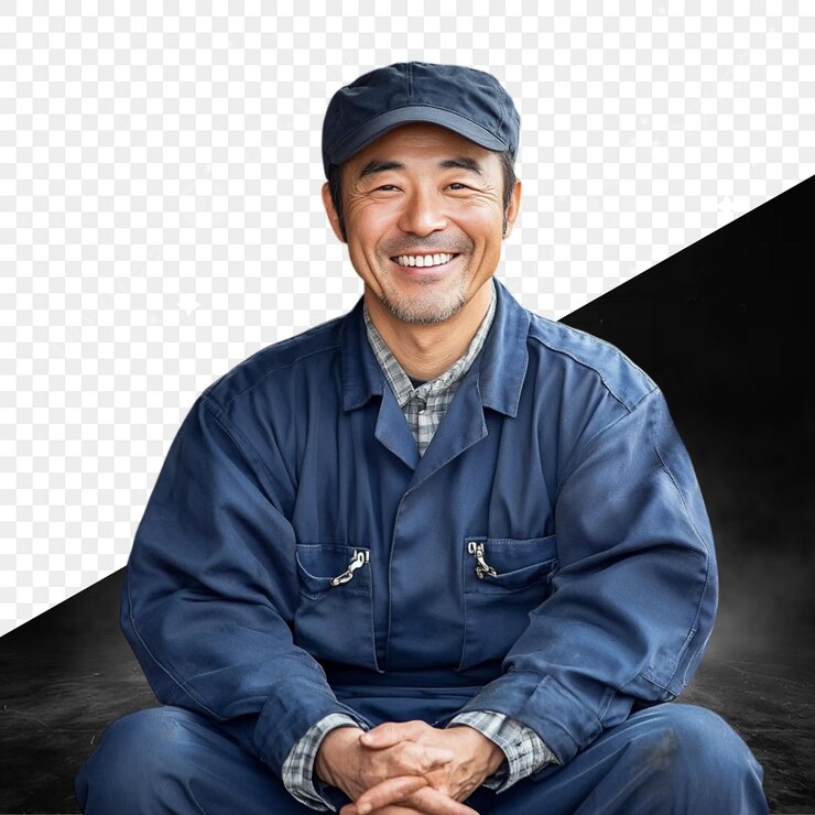 PSD 青い帽子をかぶった男が黒い背景の黒いマットに座っている