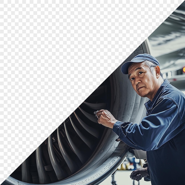 PSD a man in a blue hat stands in front of a jet engine