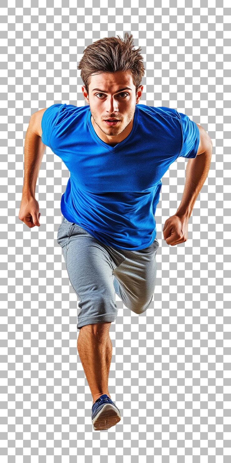 PSD a man in a blue shirt running on a checkered background