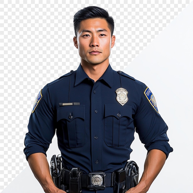 PSD a man in a blue shirt with a badge on his shoulder