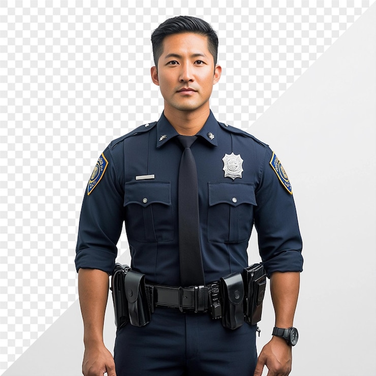 PSD a man in a blue uniform with a badge on his neck