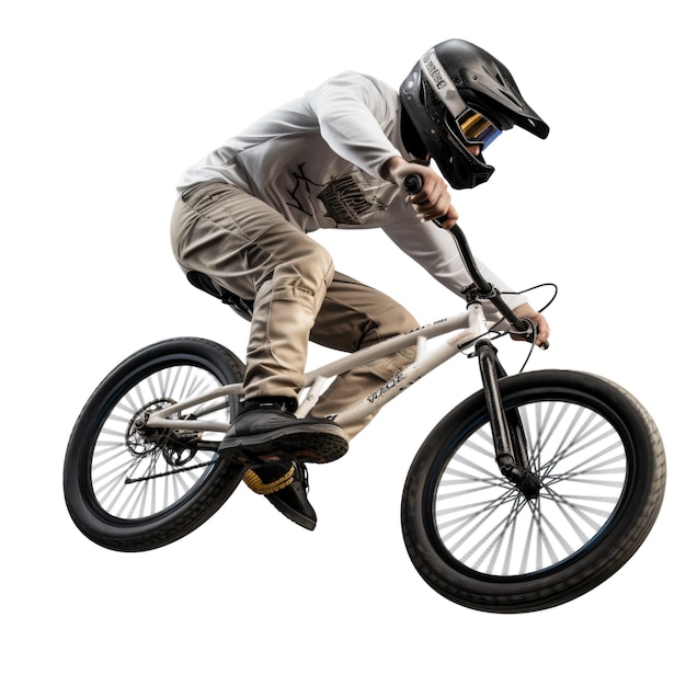 Man on a BMX bike in motion on white background ai generated image