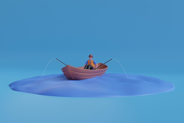 PSD a man in a boat with a hat and a hat is fishing