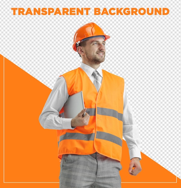 PSD man the builder in a construction vest and an orange helmet with tablet