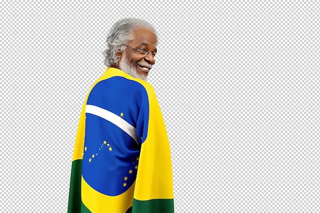 PSD man celebrating brazil independence day wrapped in country flag cinematic sunset city background