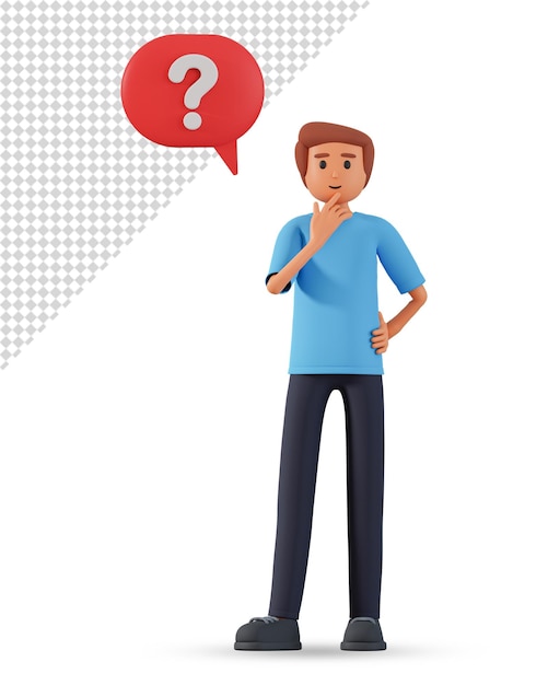 man character and question mark in speech bubble appear above his head 3d illustration